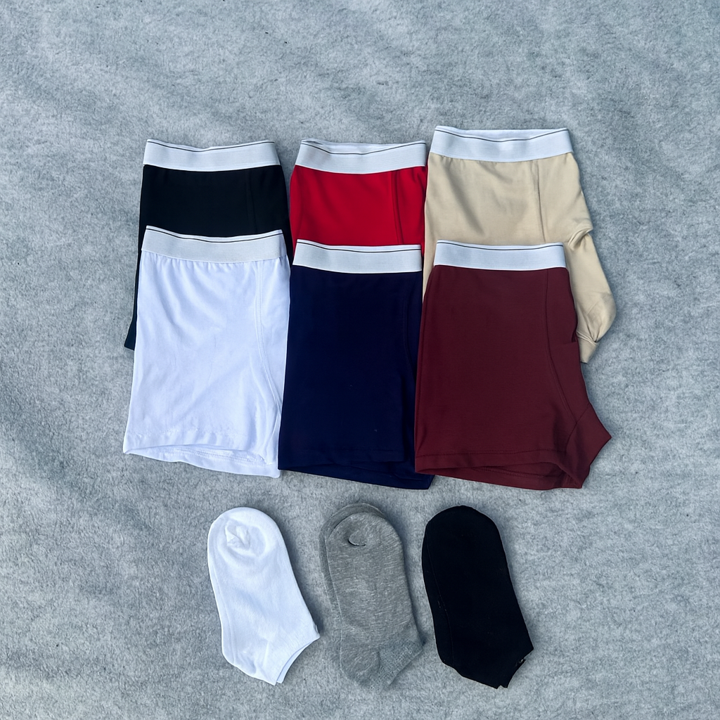 6X1 BOXER SURTIDOS LISOS + 6 PARES DE MEDIAS SURTIDAS