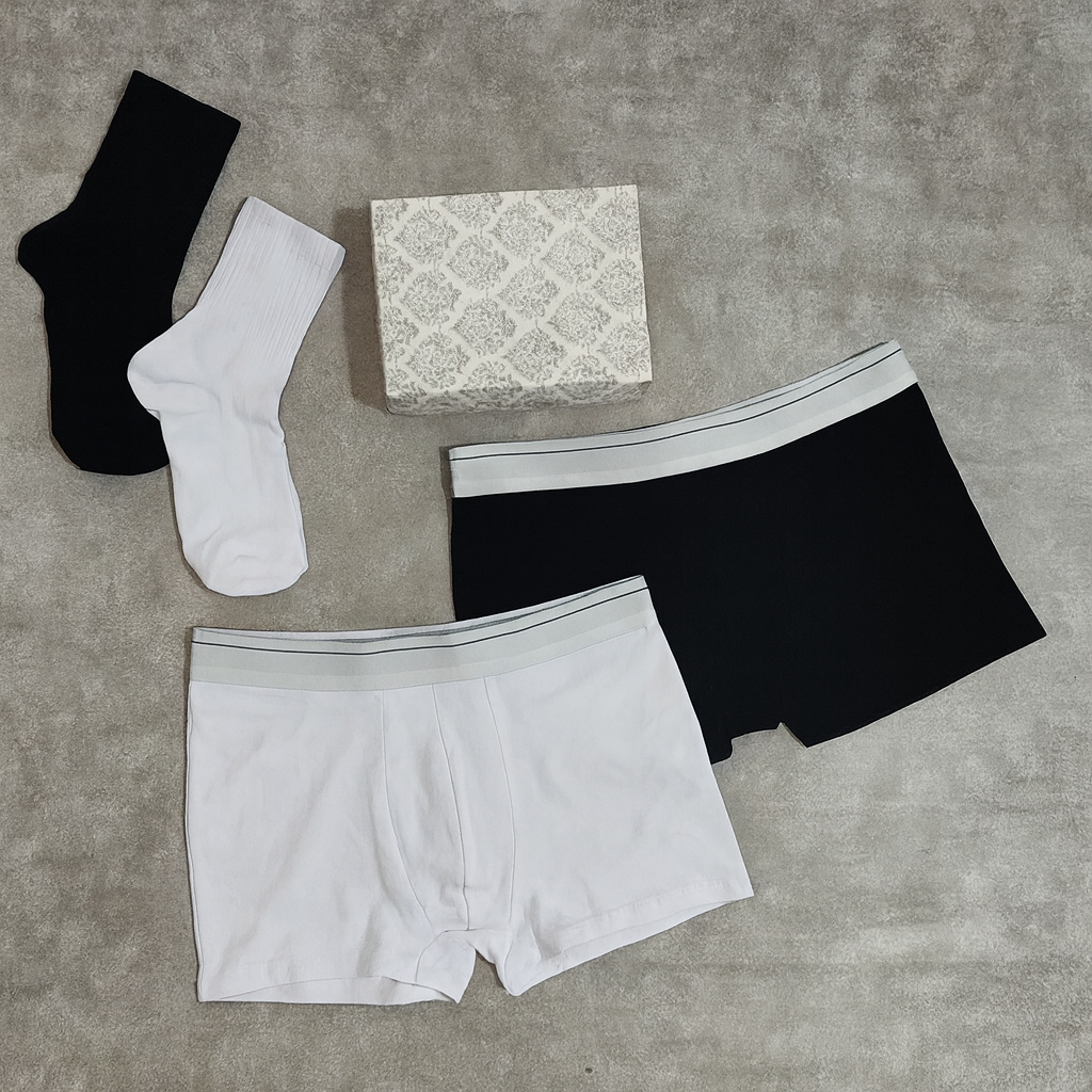 6X1 BOXER SURTIDOS LISOS + 6 PARES DE MEDIAS SURTIDAS