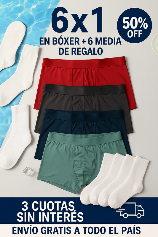 6X1 BOXER SURTIDOS LISOS + 6 PARES DE MEDIAS SURTIDAS